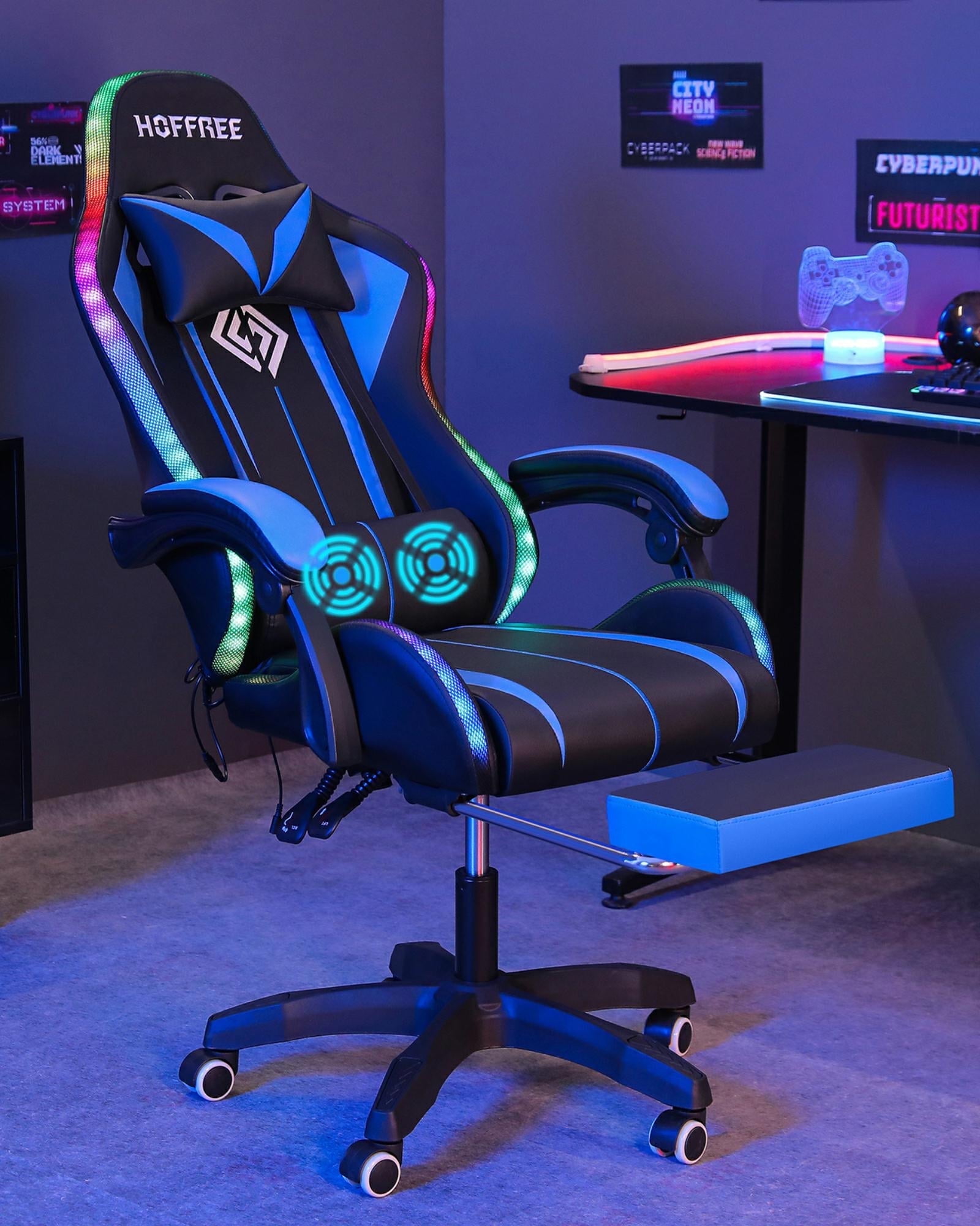 HOFFREE Gaming Chair, Massage Office Chair with Footrest, LED Light, PU Leather, Adjustable Headrest, Recline 90Â°-135Â°