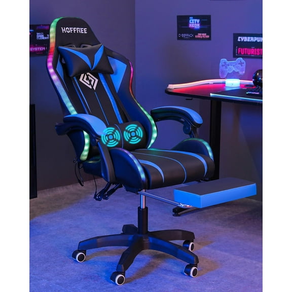 Hoffree Gaming Chair with Massage PU Leather Office Chair with Footrest and LED Light Ergonomic Gamer Chair Lumbar Support Adjustable Headrest High Back Computer Desk Chair for Home Office