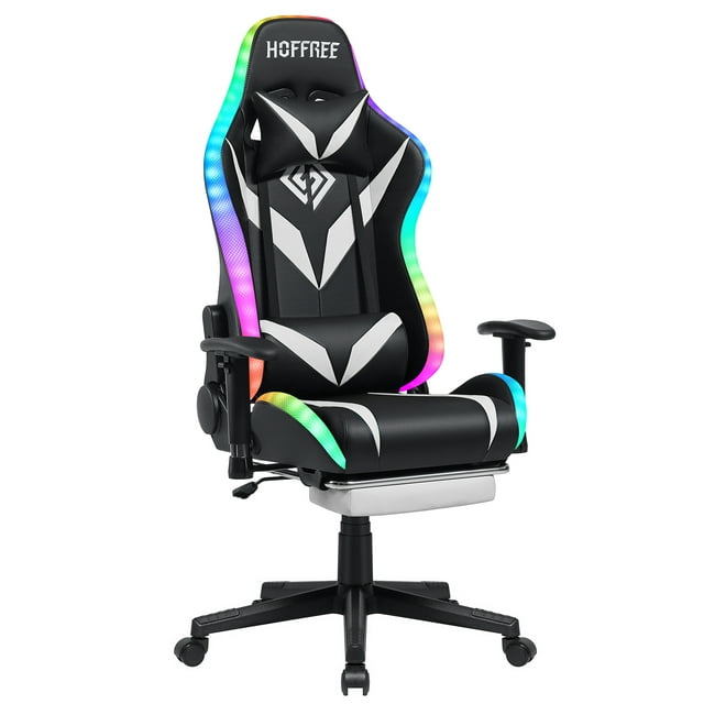 Hoffree Gaming Chair with Speakers Computer Chair with Footrest LED Music Gaming Chair with 2D