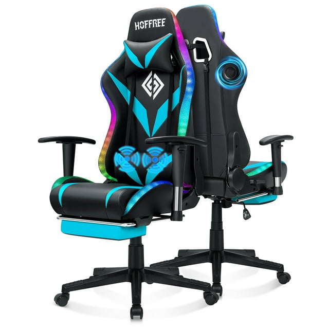 Hoffree Gaming Chair with Speakers Computer Chair with Footrest LED Music Gaming Chair with 2D