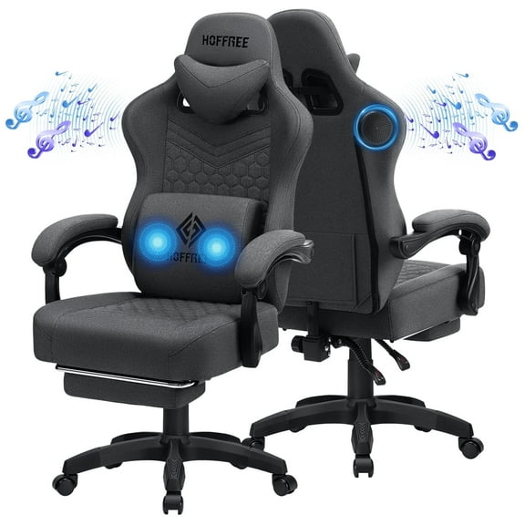 Hoffree Gaming Chair with Speakers Fabric Gamer Chair with footrest and massage Big and Tall Video Game Chair with Headrest and Lumbar Support for Adults