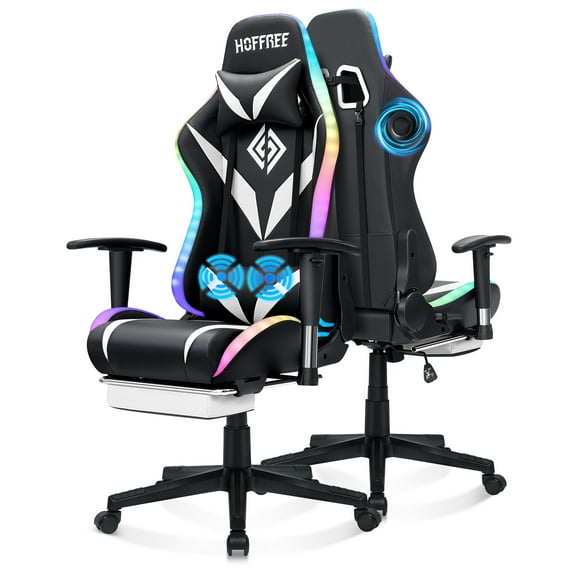 Hoffree Gaming Chair with Speakers Gamer Chair with Footrest and Massage Reclining Video Game Chair with Led Lights and Swivel Seat and Headrest and 2D Armrests for Adults