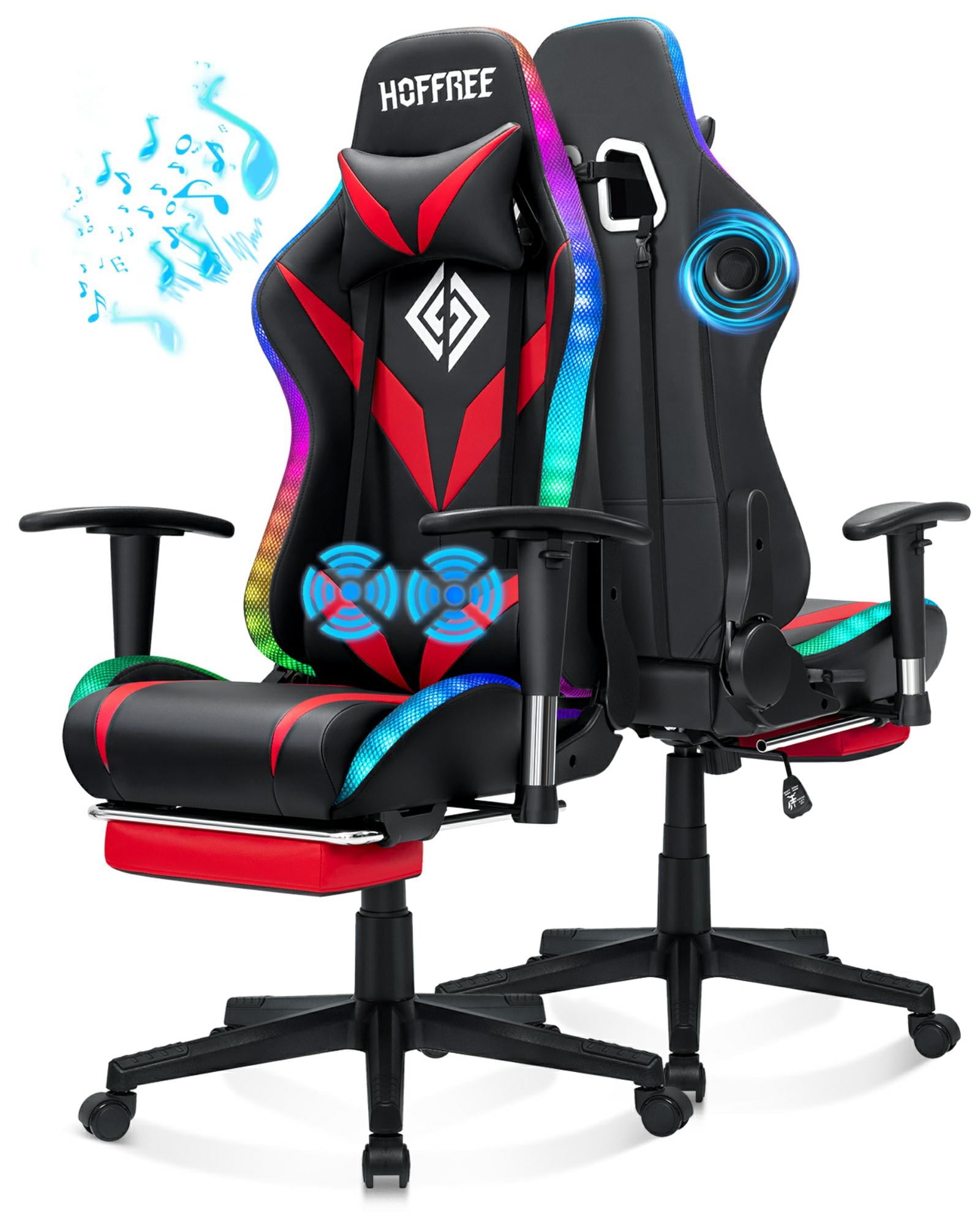 Hoffree Gaming Chair with Speakers Gamer Chair with Footrest and Massage Reclining Video Game Chair with Led Lights and Swivel Seat and Headrest and 2D Armrests for Adults