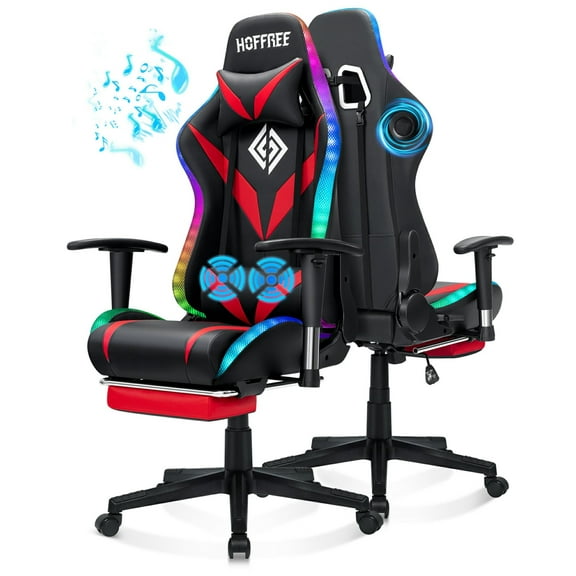 Hoffree Gaming Chair with Speakers Gamer Chair with Footrest and Massage Reclining Video Game Chair with Led Lights and Swivel Seat and Headrest and 2D Armrests for Adults