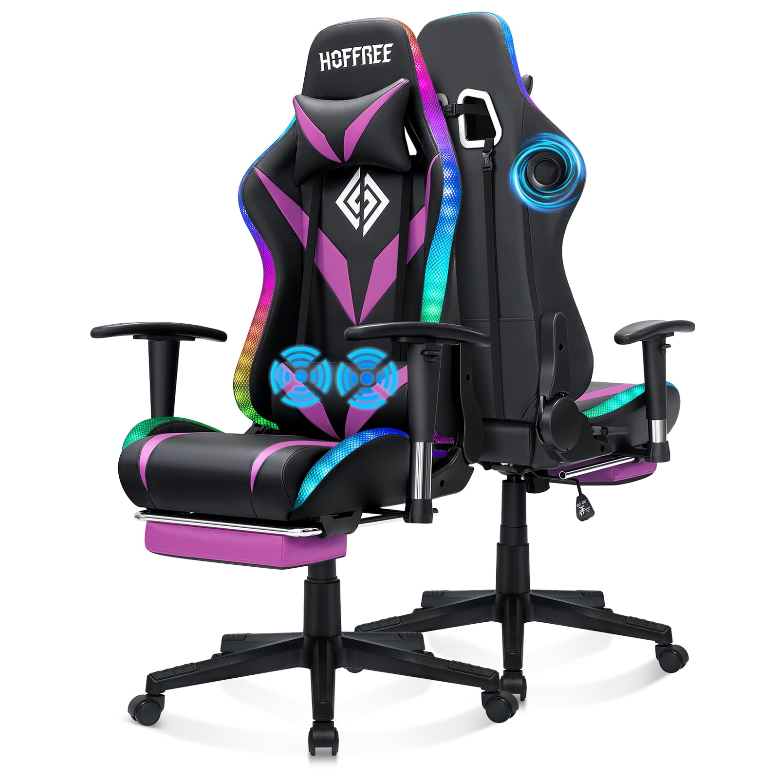 Hoffree Gaming Chair with Speakers Gamer Chair with Footrest and Massage Reclining Video Game Chair with Led Lights and Swivel Seat and Headrest and 2D Armrests for Adults
