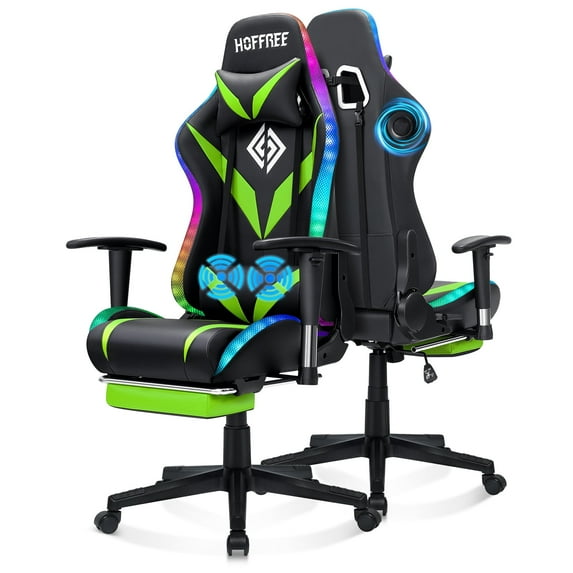Hoffree Gaming Chair with Speakers Gamer Chair with Footrest and Massage Reclining Video Game Chair with Led Lights and Swivel Seat and Headrest and 2D Armrests for Adults