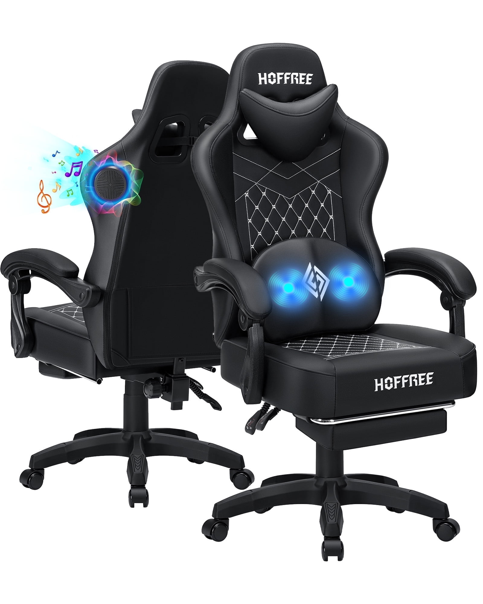 Black Ergonomic PU Leather Gaming Chair with Bluetooth Speakers