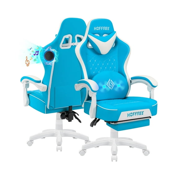 Hoffree Gaming Chair with Speakers PU Gamer Chair with footrest and massage Egonomic Computer Game Chair with Headrest and Lumbar Support for Adults and Office Gaming, 440 LBS
