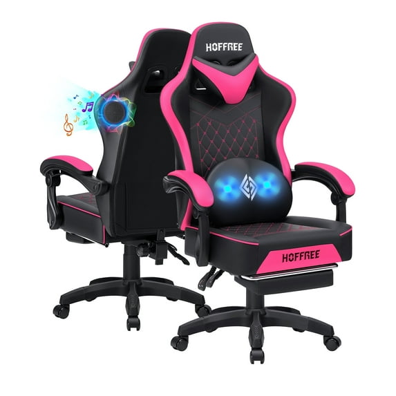 Hoffree Gaming Chair with Speakers PU Gamer Chair with footrest and massage Egonomic Computer Game Chair with Headrest and Lumbar Support for Adults and Office Gaming, 440 LBS
