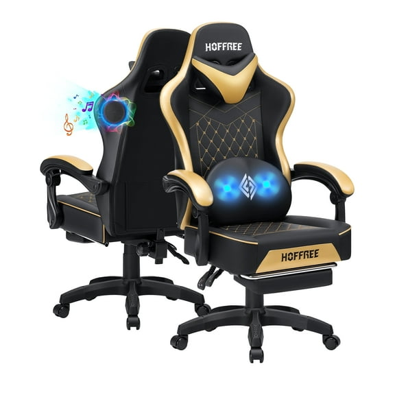 Hoffree Gaming Chair with Speakers PU Gamer Chair with footrest and massage Egonomic Computer Game Chair with Headrest and Lumbar Support for Adults and Office Gaming, 440 LBS