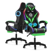 Hoffree Gaming Chair with Speakers PU Leather Office Chair with Footrest and LED Lights Ergonomic Gamer Chair with Massage Lumbar Support and Headrest Adjustable Swivel for Home Office 300lb