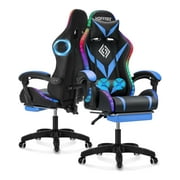 Hoffree Gaming Chair with Speakers PU Leather Office Chair with Footrest and LED Lights Ergonomic Gamer Chair with Massage Lumbar Support and Headrest Adjustable Swivel for Home Office 300lb
