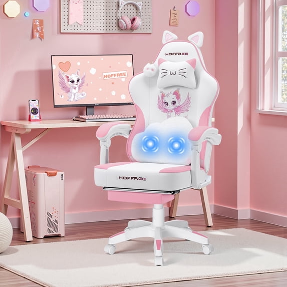 HOFFREE Gaming Chair for Girls with Cat Ears and Cloud Massage Lumbar Cute Computer Chair with Footrest Comfortable Reclining Game Chairs for Adults Teens Women Pink and White