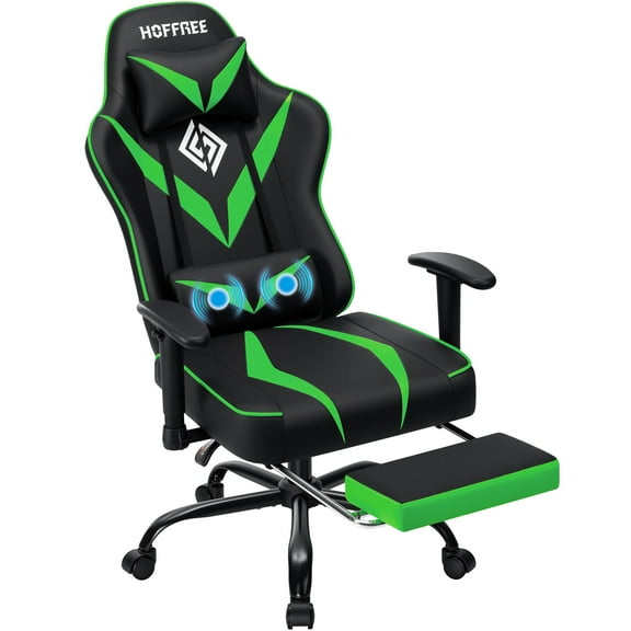 Hoffree Massage Gaming Chair with Footrest Ergonomic Design Gamer Chair with Adjustable Armrest for Adults and Teens Leather Game Chair with Headrest and Lumbar Support