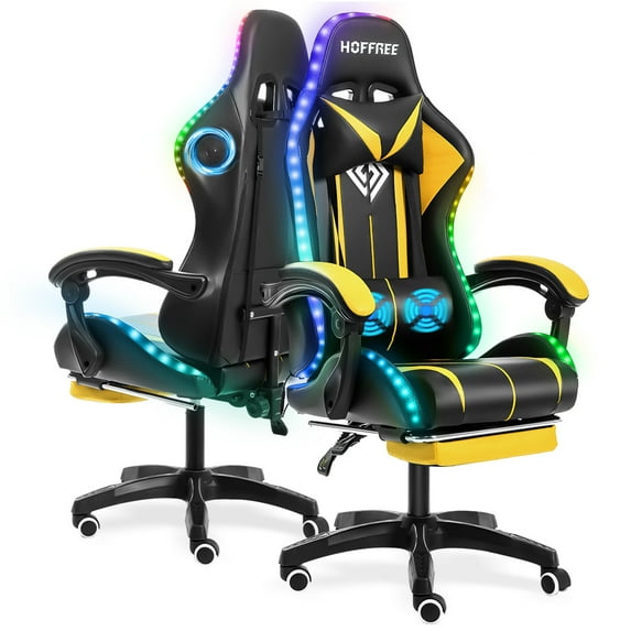 Hoffree Gaming Chair with Speakers and RGB LED Lights Ergonomic Massage Gamer Chair with Footrest High Back with Lumbar Support for Adults