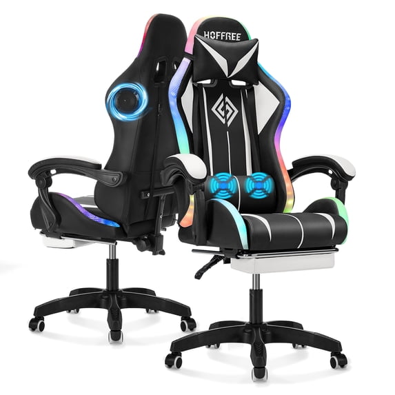 Hoffree Gaming Chair with Speakers and RGB LED Lights Ergonomic Massage Gamer Chair with Footrest High Back with Lumbar Support for Adults