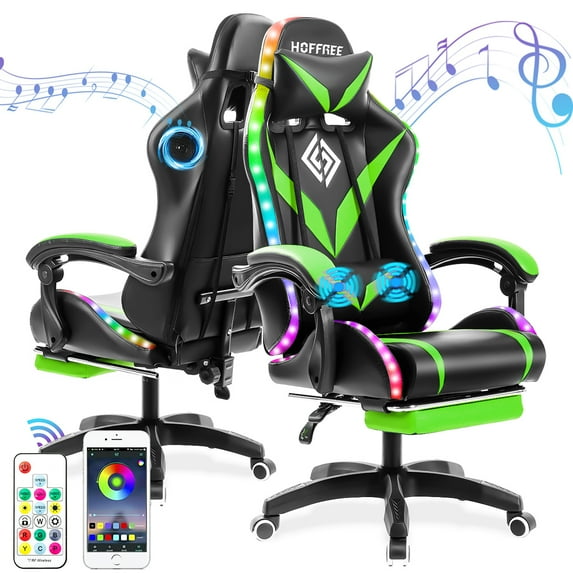 Hoffree Gaming Chair with Speakers and RGB LED Lights Ergonomic Massage Gamer Chair with Footrest High Back with Lumbar Support for Adults