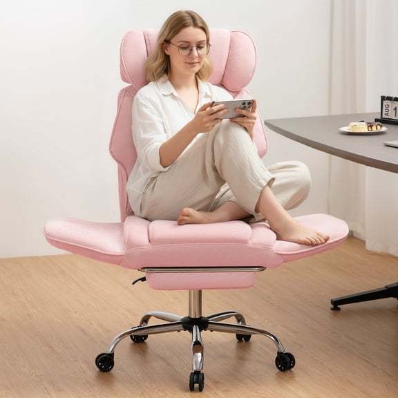 Hoffree Criss Cross Office Chair with Reversible Armrests, Big and Tall Desk Chair with Footrest, Reclining Ergonomic Computer Chair with Adjustable Headrest, Executive Fabric Chair for Home, Pink