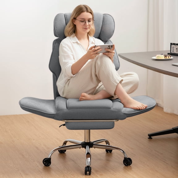 Hoffree Criss Cross Office Chair with Reversible Armrests, Big and Tall Desk Chair with Footrest, Reclining Ergonomic Computer Chair with Adjustable Headrest, Executive Fabric Chair for Home, Gray