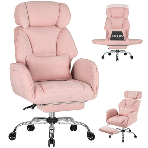 Hoffree Criss Cross Office Chair with Reversible Armrests, Big and Tall Desk Chair with Footrest, Reclining Ergonomic Computer Chair with Adjustable Headrest, Executive Fabric Chair for Home, Pink