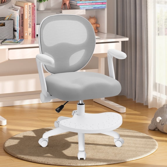 Hoffree Kids Desk Chair with Flipped Arms Wheels Ergonomic Study Chair with Footrest Adjustable Height Rolling Desk Chair for Teens Boys Girls in Study Room Grey