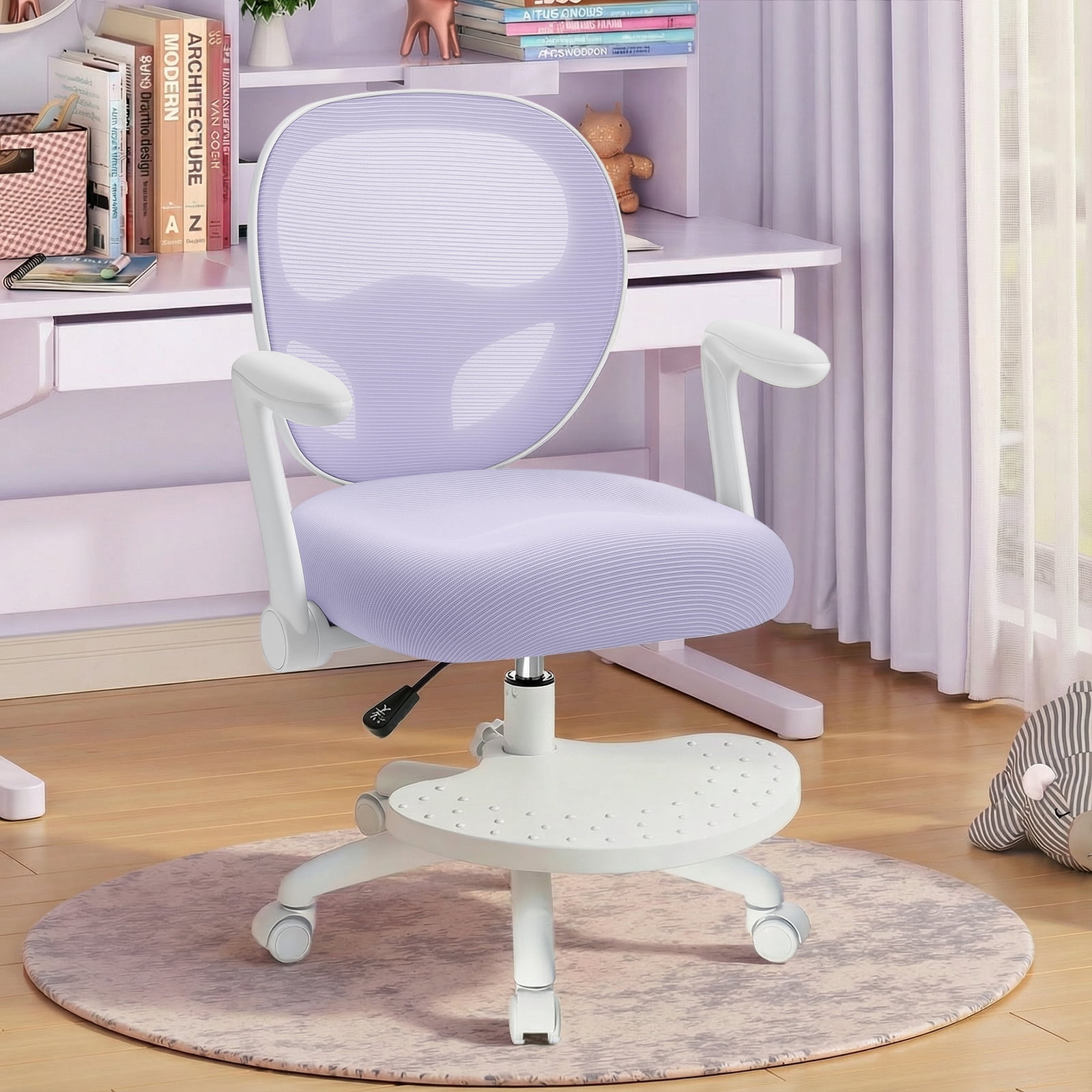 Hoffree Kids Desk Chair with Flipped Arms Wheels Ergonomic Study Chair with Footrest Adjustable Height Rolling Desk Chair for Teens Boys Girls in Study Room Purple
