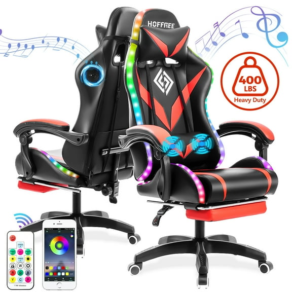 Hoffree Massage Gaming Chair with Bluetooth Speaker and RGB LED Lights, Ergonomic Video Game Chair High Back Swivel Office Recliner Chair with Adjustable Footrest, Headrest and Lumbar Support