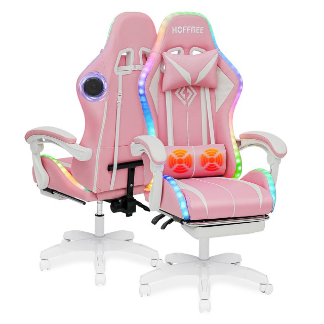 Hoffree Pink Gaming Chair with Bluetooth, Footrest Massage, LED