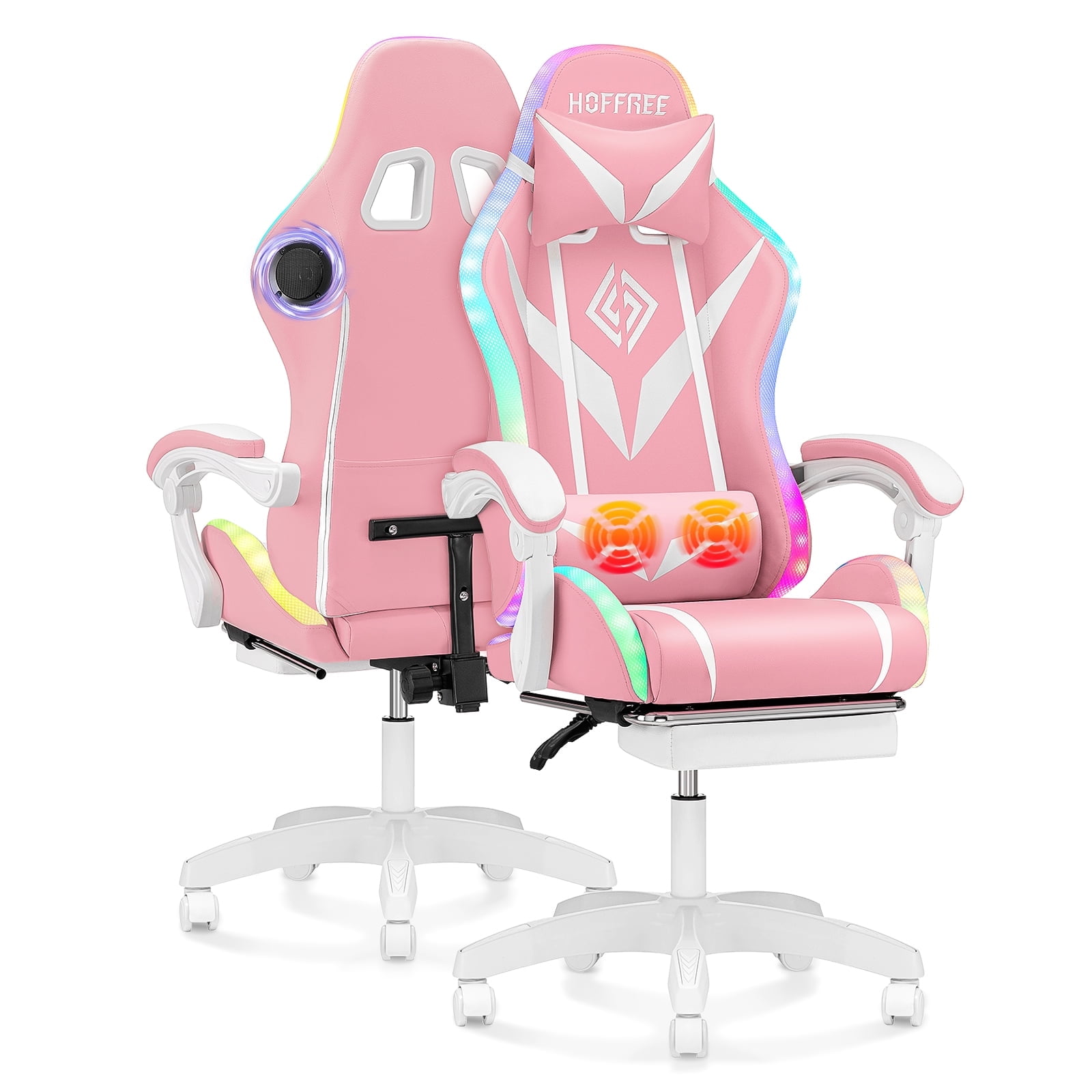 Pink and White Ergonomic Gaming Chair with LED Lights and Massage