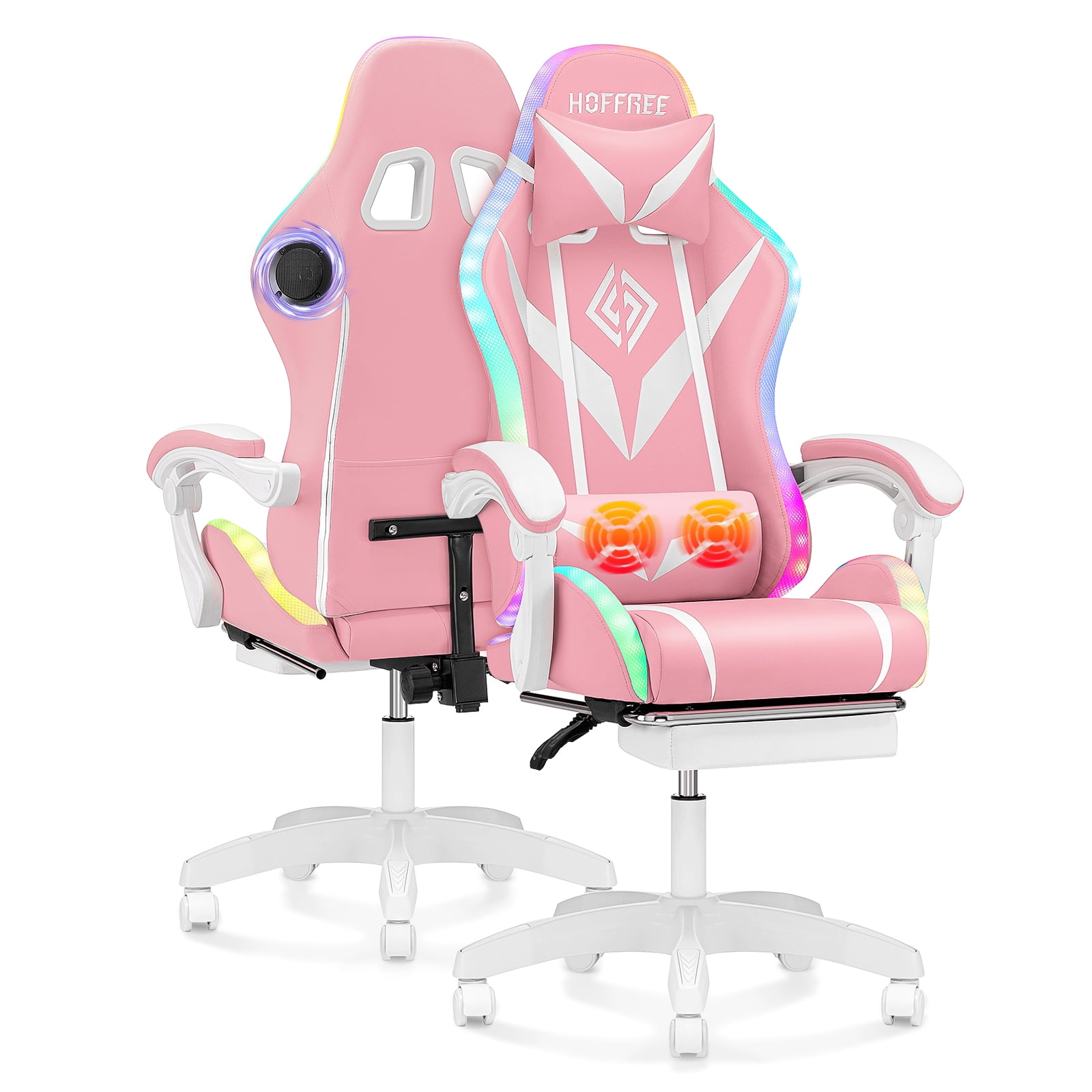 Hoffree Pink Gaming Chair with Bluetooth Speakers Office Chair with Footrest and LED Lights