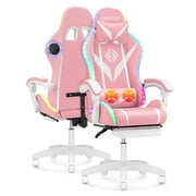 Hoffree Pink Gaming Chair with Bluetooth Speakers Office Chair with Footrest and LED Lights Ergonomic Gaming Chairs High Back with Lumbar Support and Headrest Adjustable Swivel for Home Office,300lb