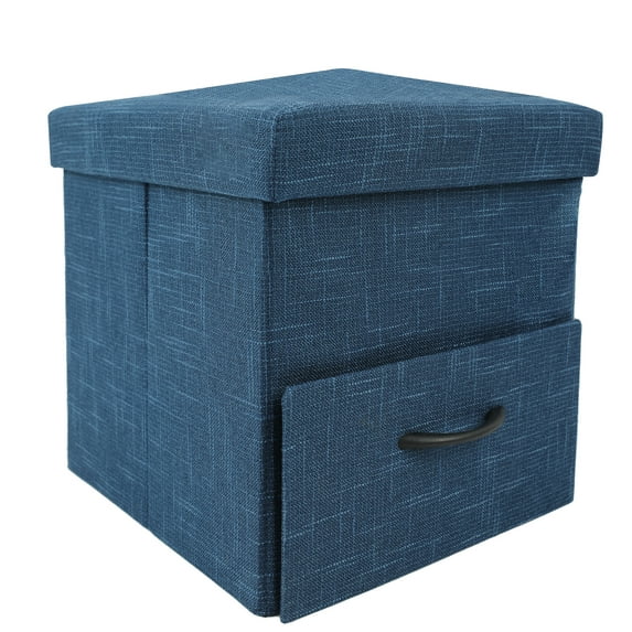 Hofitlead 15 Inch Storage Ottoman Cube, Folding Square Storage Ottoman with Tray&Drawer Footstool, Bedroom (Blue, 1 PCS + Side Drawer)