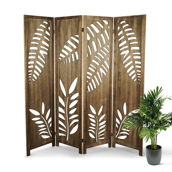 Hofitlead 4 Panel Room Divider Screen, Freestanding Partition Room Dividers,Paulownia Wood,Brown