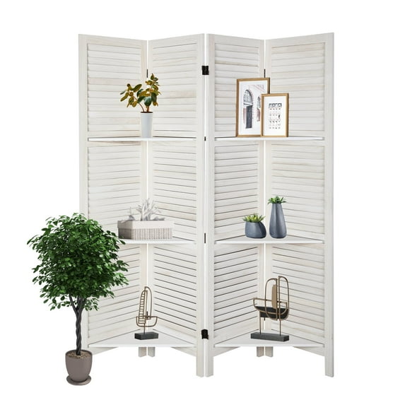 Hofitlead 4 Panel Room Divider with Shelves 5.6Ft Wooden Folding Screens Privacy Partition Wall for Bedroom Living Room Office, Warm White