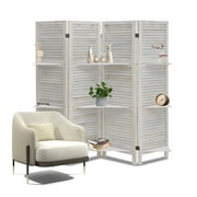 Hofitlead 4 Panel Room Divider with Shelves 5.6Ft Wooden Folding Screens Privacy Partition Wall for Bedroom Living Room Office, White