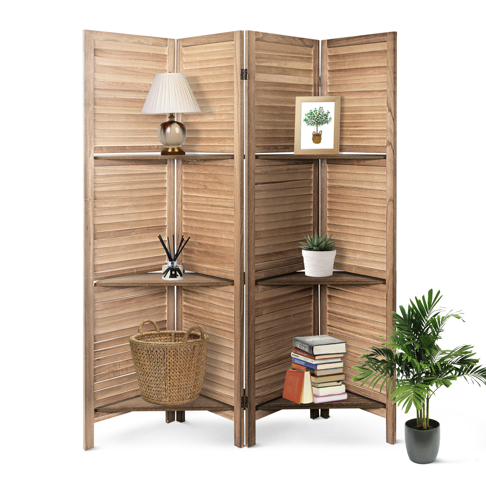 Hofitlead 4 Panel Room Divider with Shelves 5.8Ft Wooden Folding