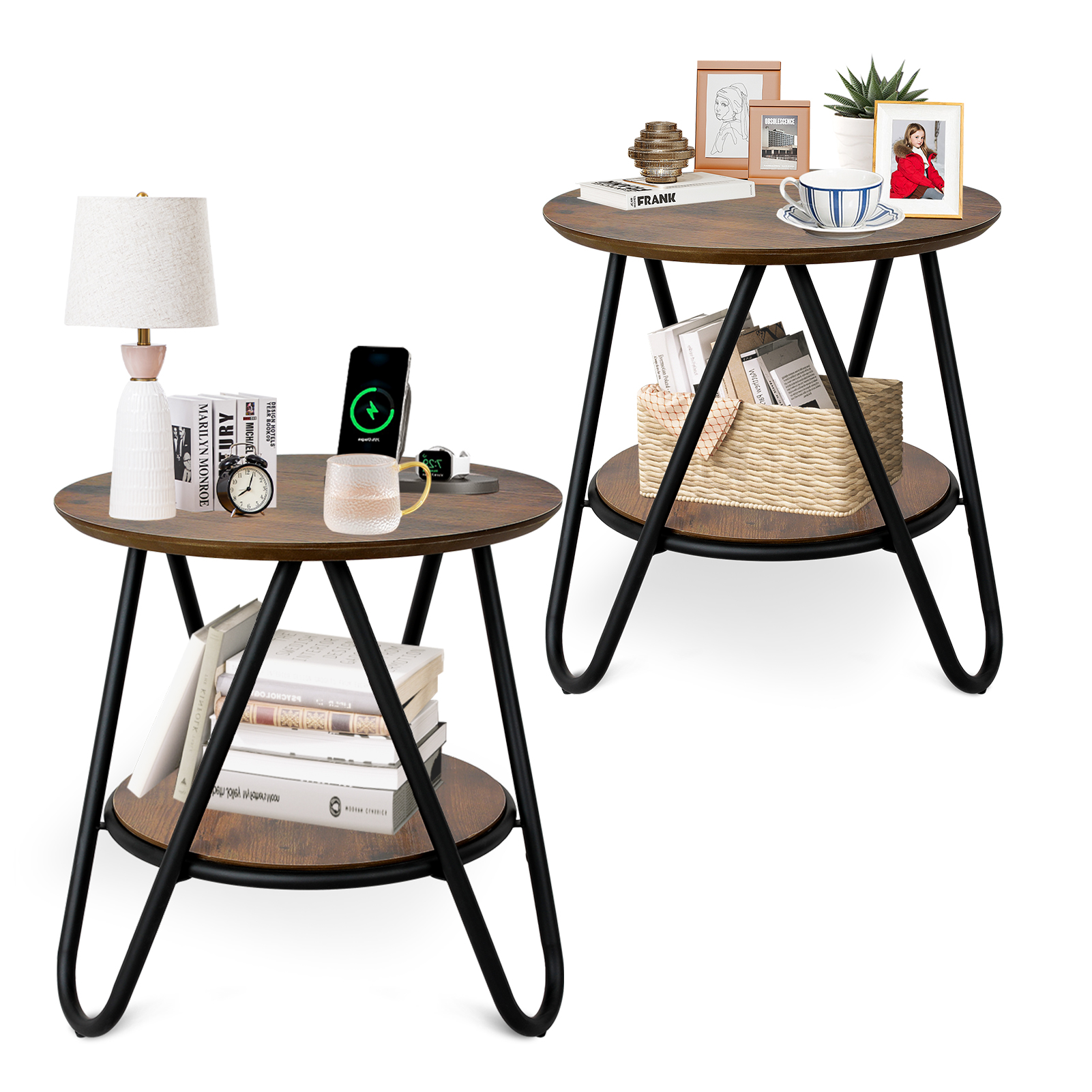 Hofitlead Outdoor Side Tables for Patio, 2 Tier Round Metal Patio Side Table,Brown 2PC