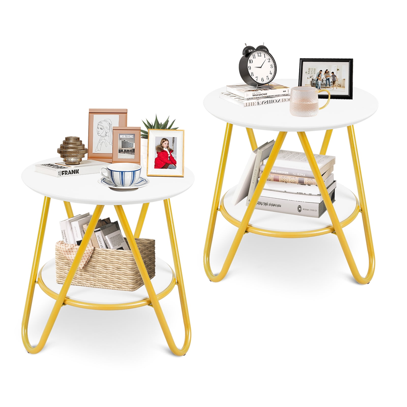 Hofitlead Outdoor Side Tables for Patio, 2 Tier Round Metal Patio Side Table,White 2PC