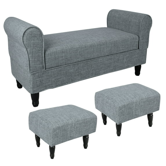 Hofitlead Storage Bench , Linen Fabric Rolled Arm Ottoman Storage Sofa , with 2 Ottoman Footstool,Dark Gray
