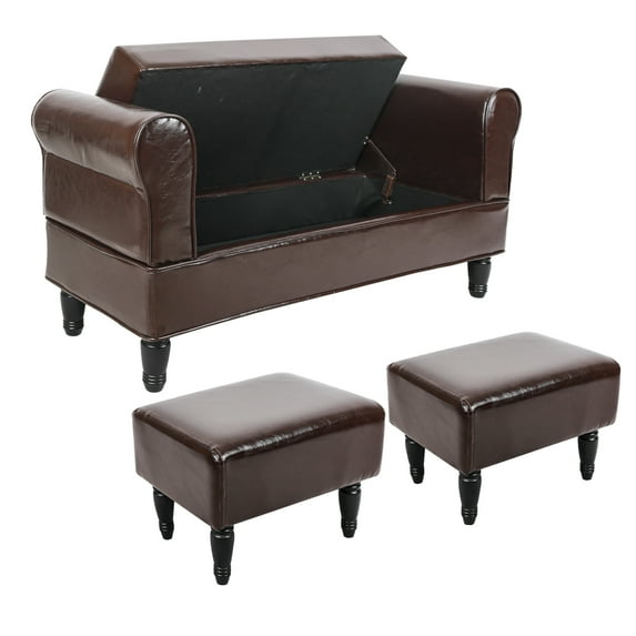 Hofitlead Storage Bench , PU Leather Rolled Arm Ottoman Storage Sofa , with 2 Ottoman Footstool,Brown
