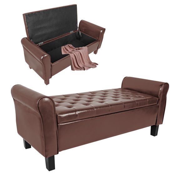 Hofitlead Storage Ottoman Bench,PU Leather Upholstered Rolled Arm,Window Bench Seat with Solid Wood Legs(Brown)