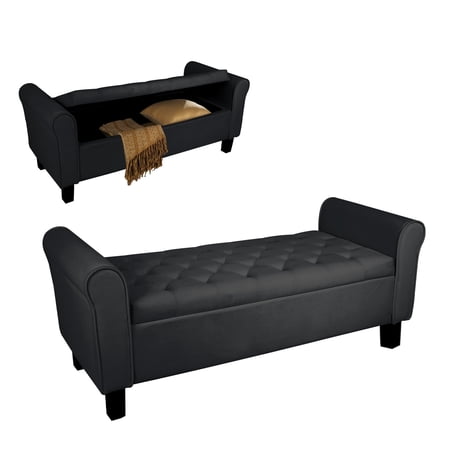 Hofitlead Storage Ottoman Bench,Velvet Upholstered Rolled Arm,Window Bench Seat with Solid Wood Legs(Black)