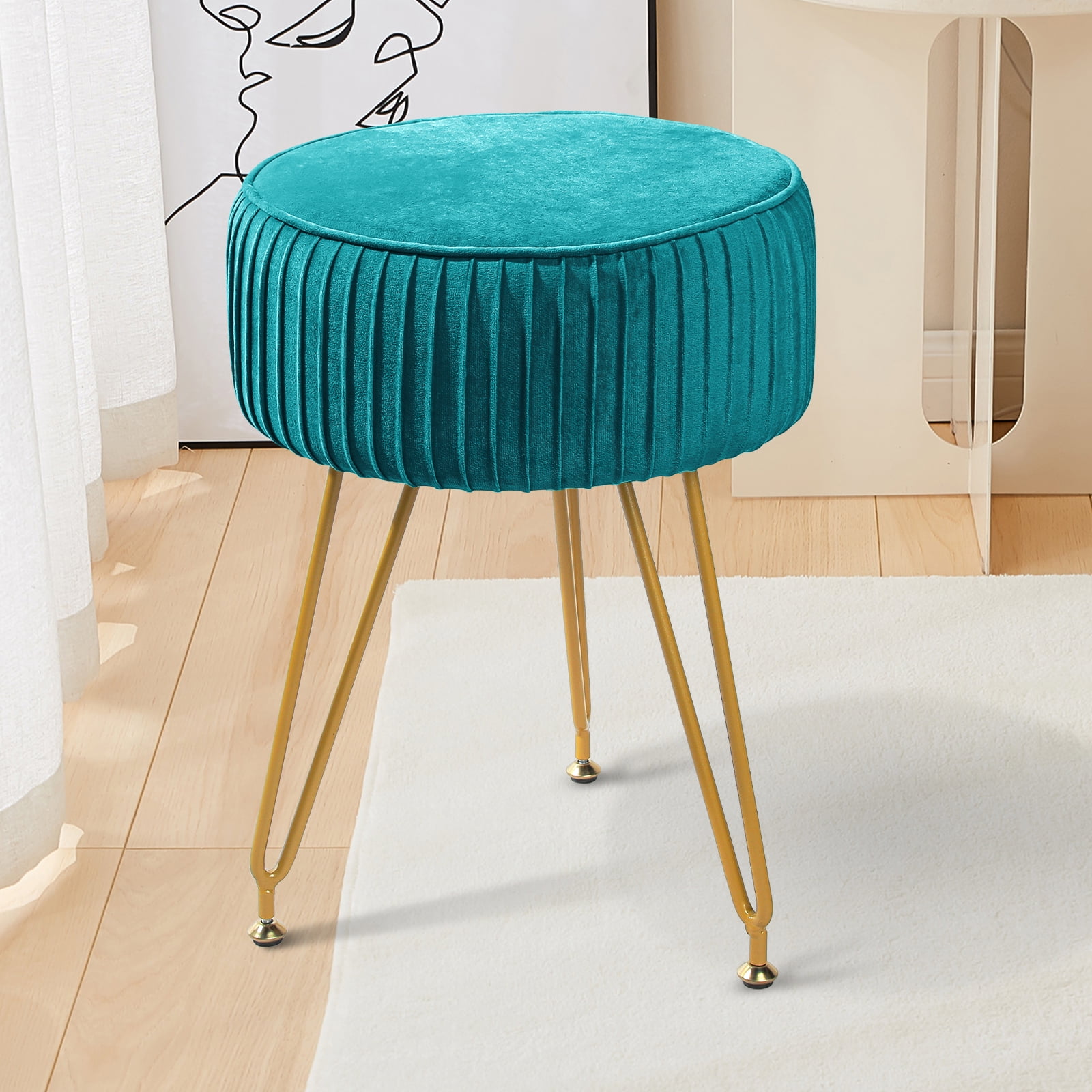 Hofitlead Velvet Vanity Chair Round Ottoman,Upholstered Vanity Makeup