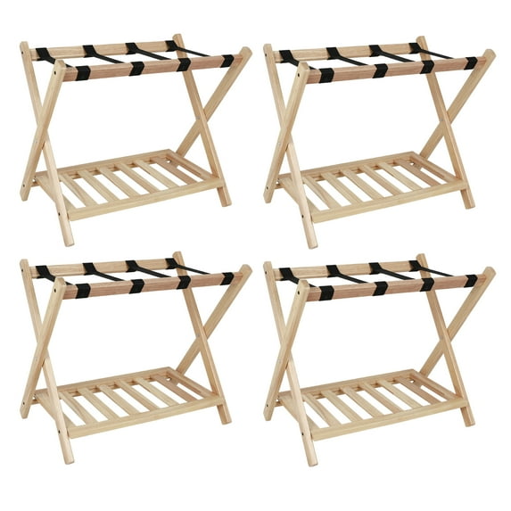 Hofitlead Wooden Luggage Rack, Folding Luggage Rack Suitcase Stand with Storage Shelf for Home Guest Room Bedroom Hotel,(Set of 4,Nature)