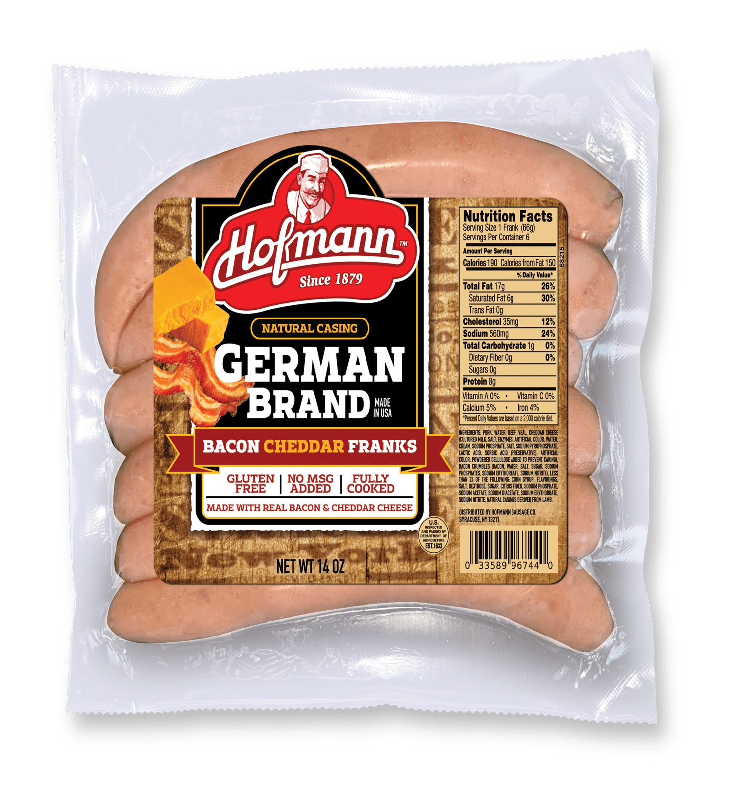 Hofmann German Brand Bacon Cheddar Franks, Natural Casing, Gluten Free, 14 oz – Fully Cooked Bacon & Cheddar Sausage for Easy Meals