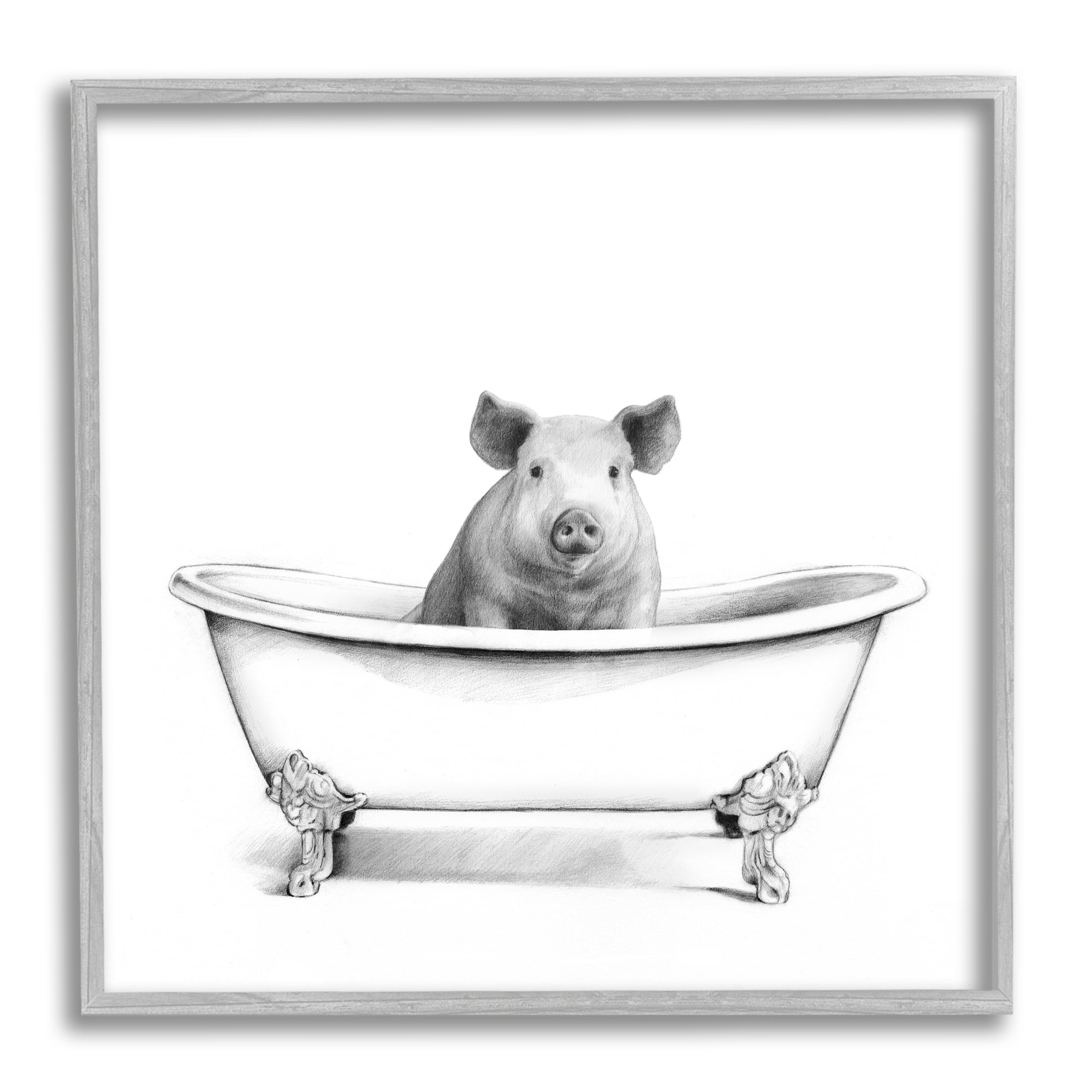 Hog in Bath Tub Minimal Bathroom Sketch Animals & Insects Framed Art Print Wall Art, 17x17
