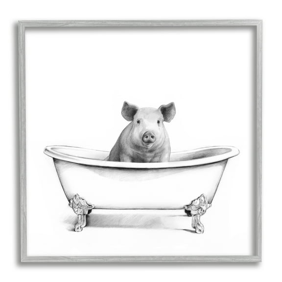 Hog in Bath Tub Minimal Bathroom Sketch Animals & Insects Framed Art Print Wall Art, 17x17
