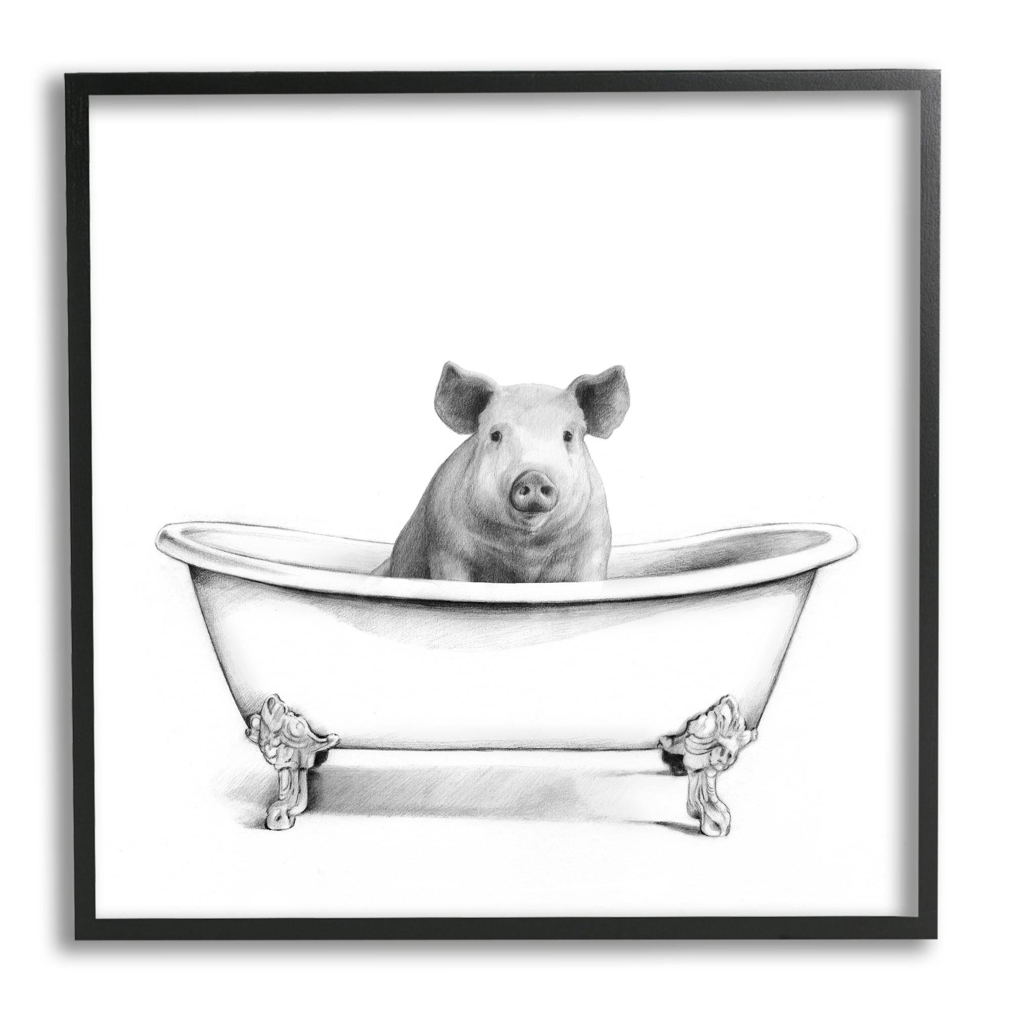Hog in Bath Tub Minimal Bathroom Sketch Animals & Insects Framed Art Print Wall Art, 17x17