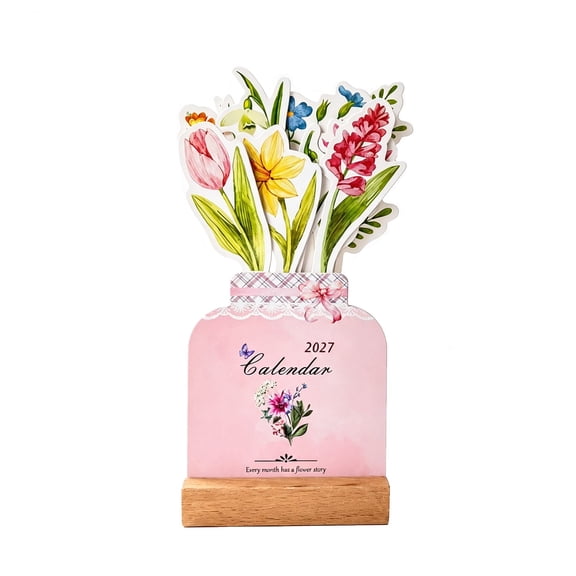 Reduce!2027 Floral Desk Calendar Flower-Shaped with Wooden Base Tabletop Display