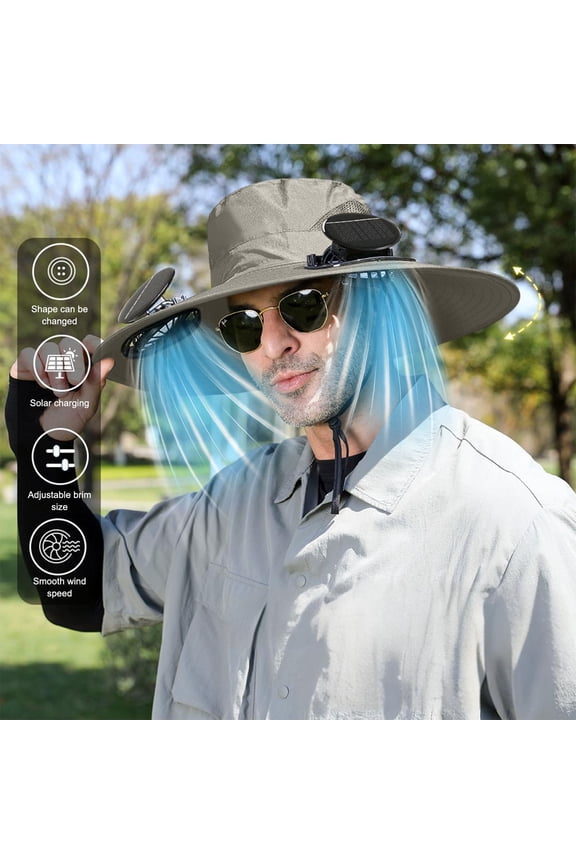 Hogarize Fisherman Hat with Solar USB Charging Fan Summer Outdoor Cooling Hat Dual-Purpose Wide Brim Hat with Adjustable Speed Rechargeable Sun Protection Cap